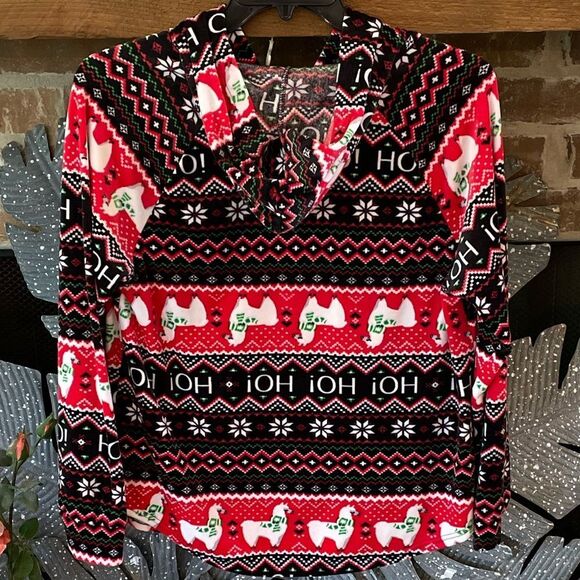 NWOT Size XL (15-17) Red & Black Fair Isle Llama Plush Velour Hoodie - Picture 2 of 4